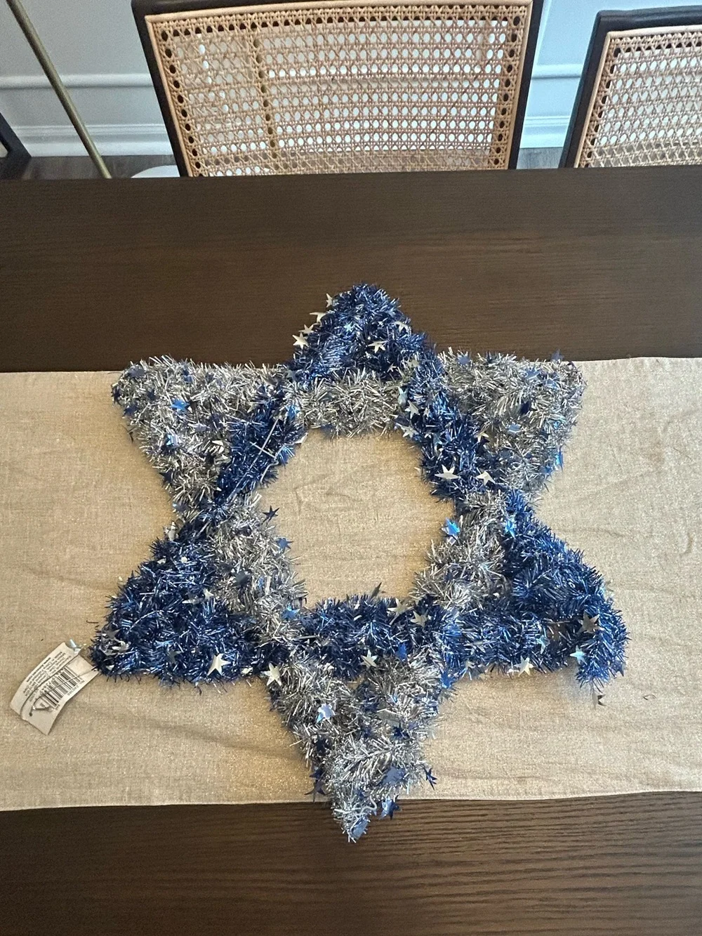 Star of David Hanukkah Wreath – Blue & Silver Tinsel Holiday Decor